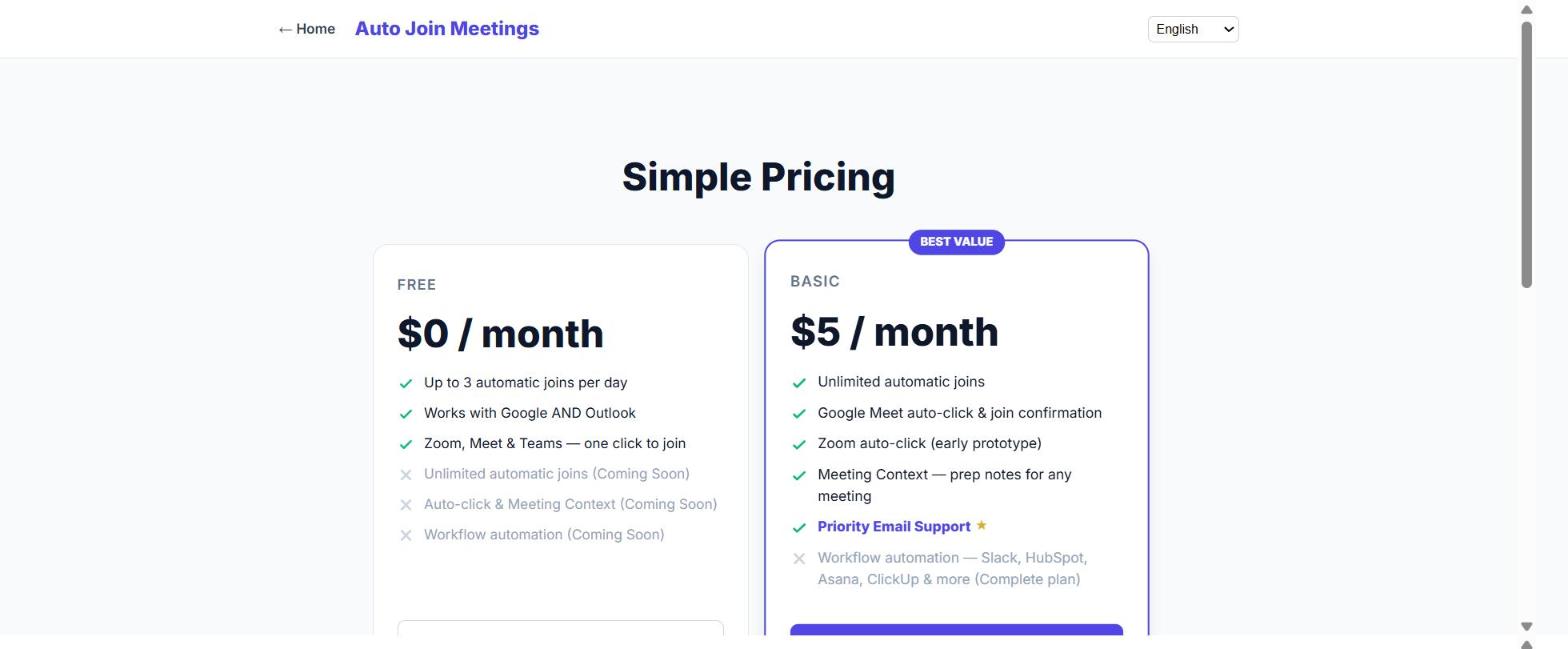 Auto Join Meetings pricing page showing the Free and Basic plan cards side by side
