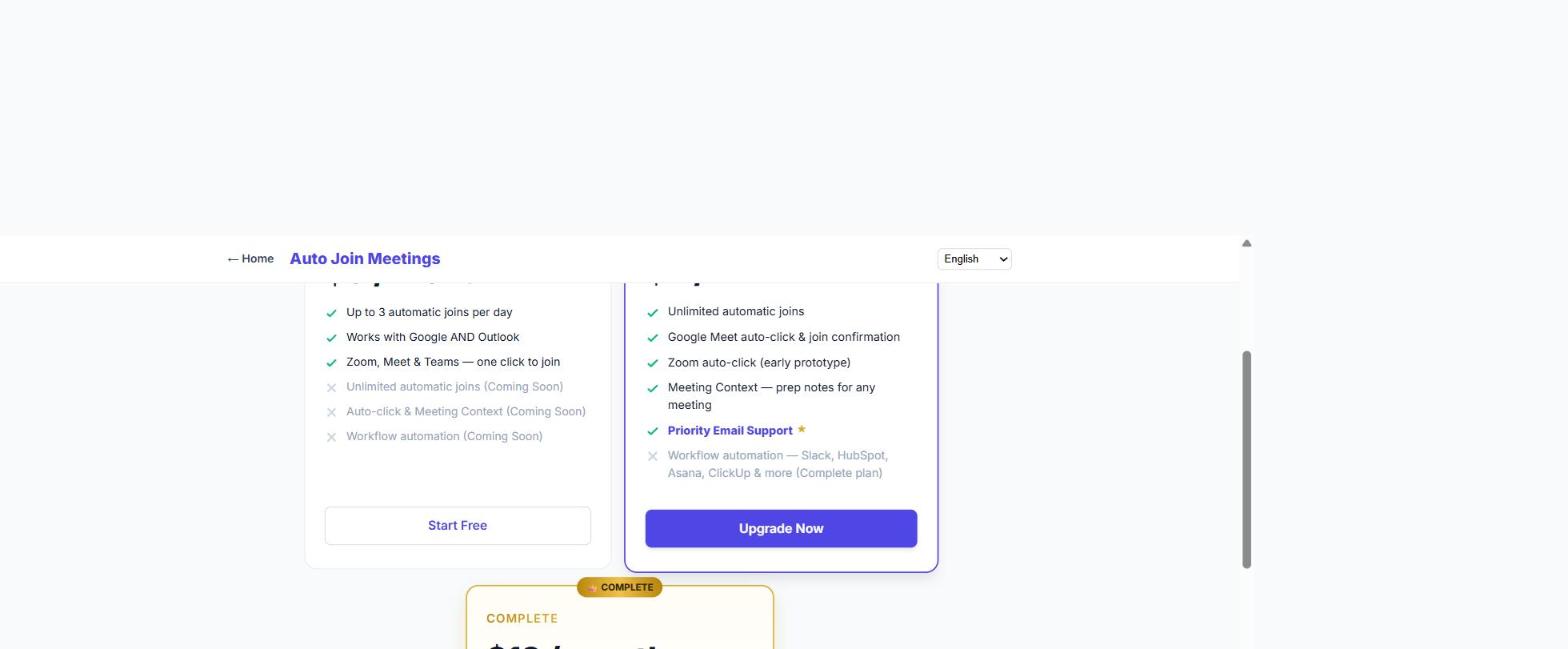 Auto Join Meetings pricing page showing the rest of the Basic plan and the start of the Complete plan card