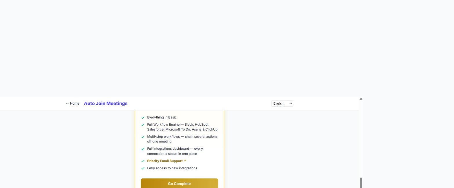 Auto Join Meetings pricing page showing the full Complete plan card with all six features